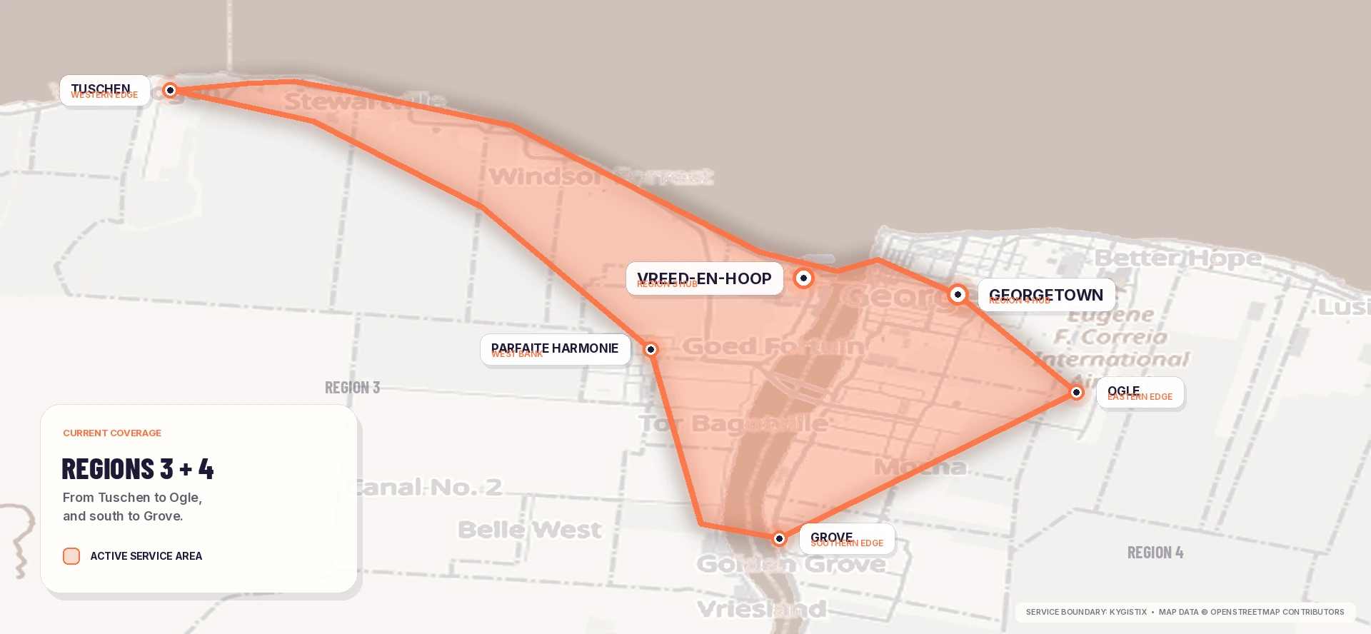 Kygistix delivery coverage map for Regions 3 and 4, bounded by Tuschen in the west, Ogle in the east and Grove in the south, and showing Vreed-en-Hoop, Parfaite Harmonie and Georgetown.